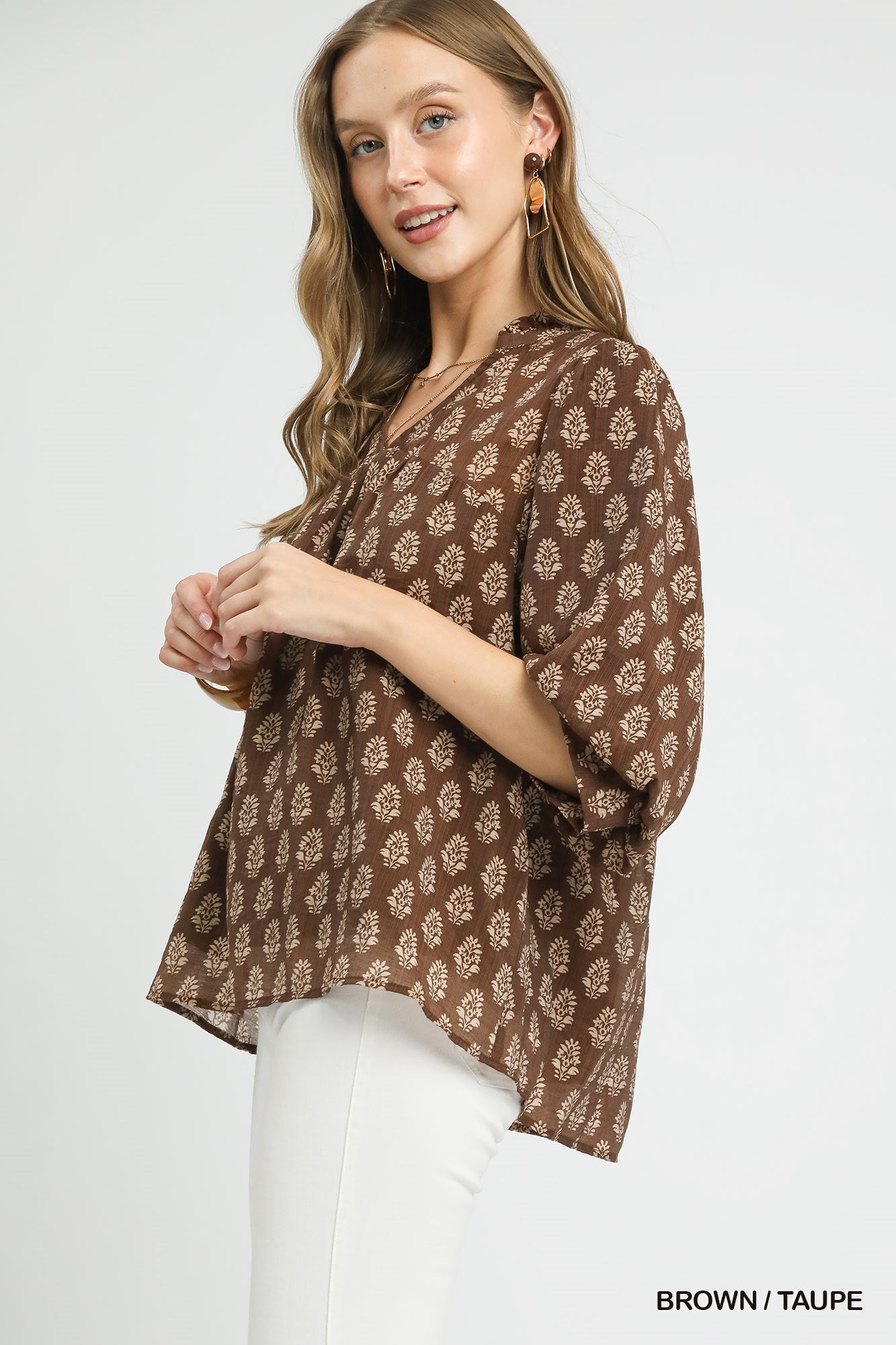 Umgee Floral Print V-Split Blouse