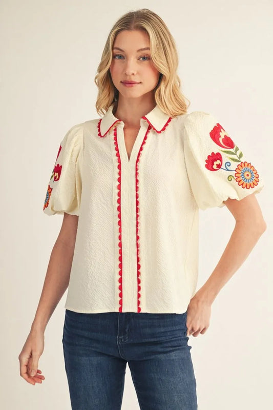Jodifl Short Puff Sleeves Notched V Neck Solid Top