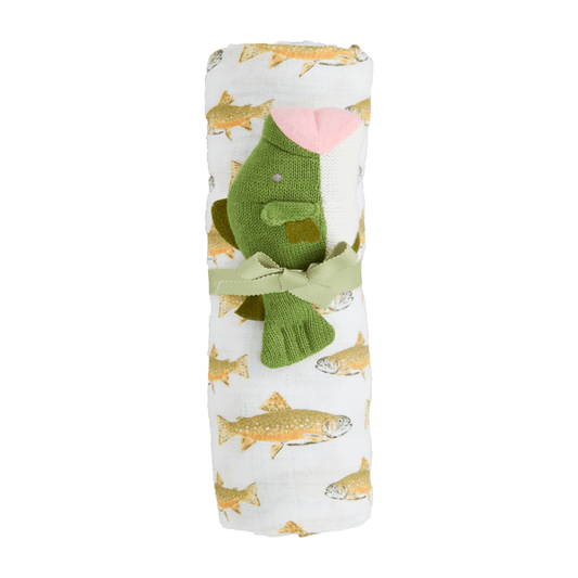 MUD PIE FISH SWADDLE AND RATTLE SET
