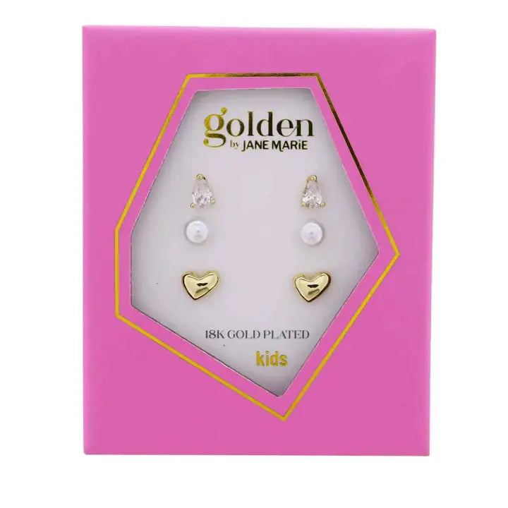 Jane Marie Kids Gold Set of 3, Clear Crystal Teardrop, Pearl, Gold Heart