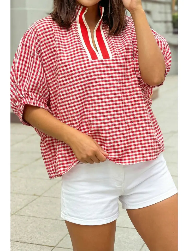 Gingham Short Sleeve Colorblock Trim Split Neck Blouse