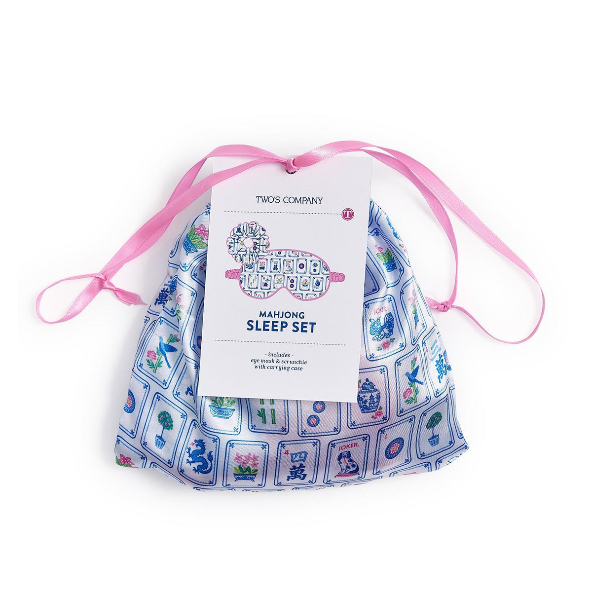 Two's Company Pagoda Party Mahjong Sleep Mask and Ruffle Scrunchie Set with Matching Drawstring Gift Bag