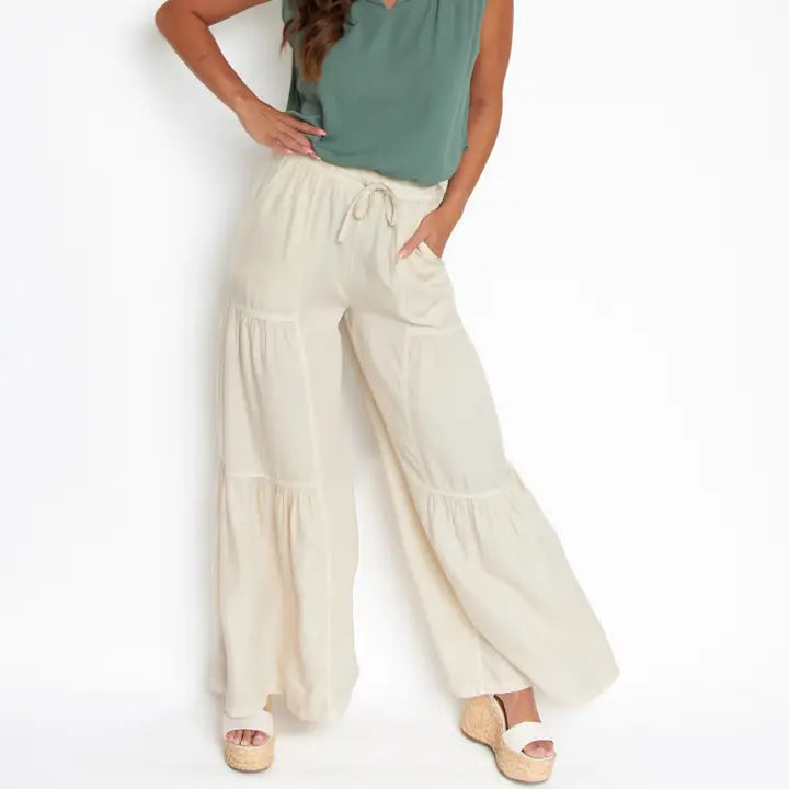 Elsie & Zoey Delaney Wide Leg Tiered Drawstring Chambray Pants