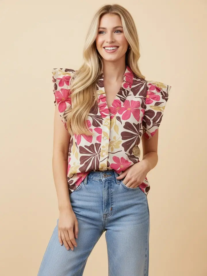 Heimish Floral Print Ruffle Sleeve Button Front Blouse