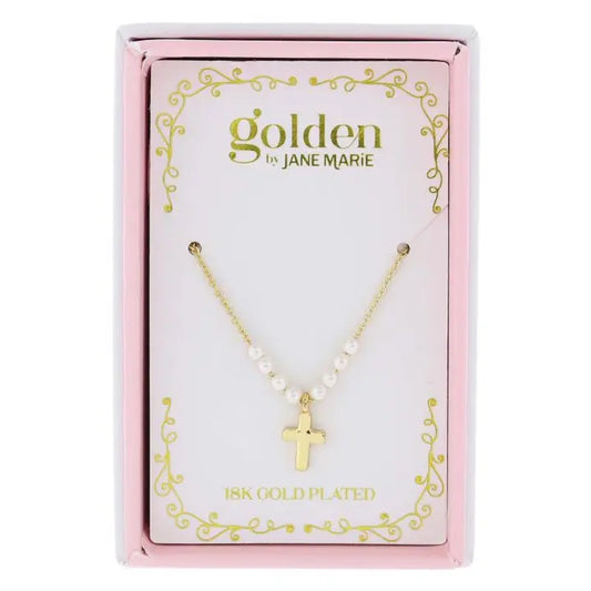 Jane Marie Kids 14" 18K Gold Plated Mini Pearls & Gold Cross Necklace