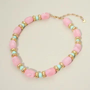Chunky Marbled Resin Beaded Statement Necklace-Pink