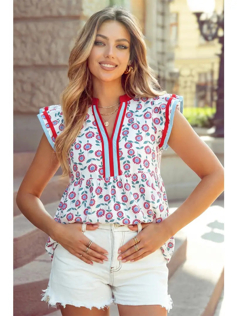 Sunflower Printed Contrast Trim V Neck Flutter Sleeve Blouse