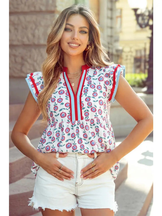 Sunflower Printed Contrast Trim V Neck Flutter Sleeve Blouse