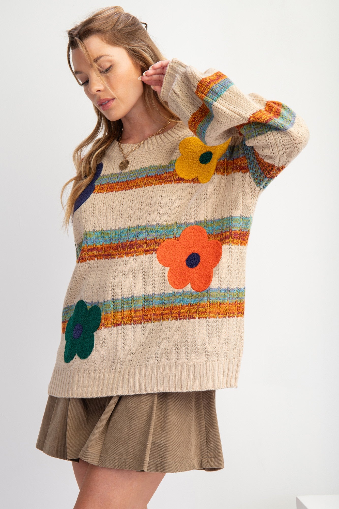 Easel Striped Flower Patch Knit Sweater Pullover