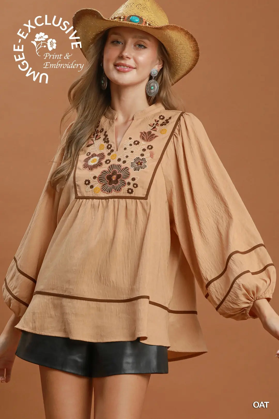Umgee Floral Embroidered Split Neck Babydoll Blouse-Oat