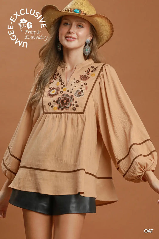 Umgee Floral Embroidered Split Neck Babydoll Blouse-Oat