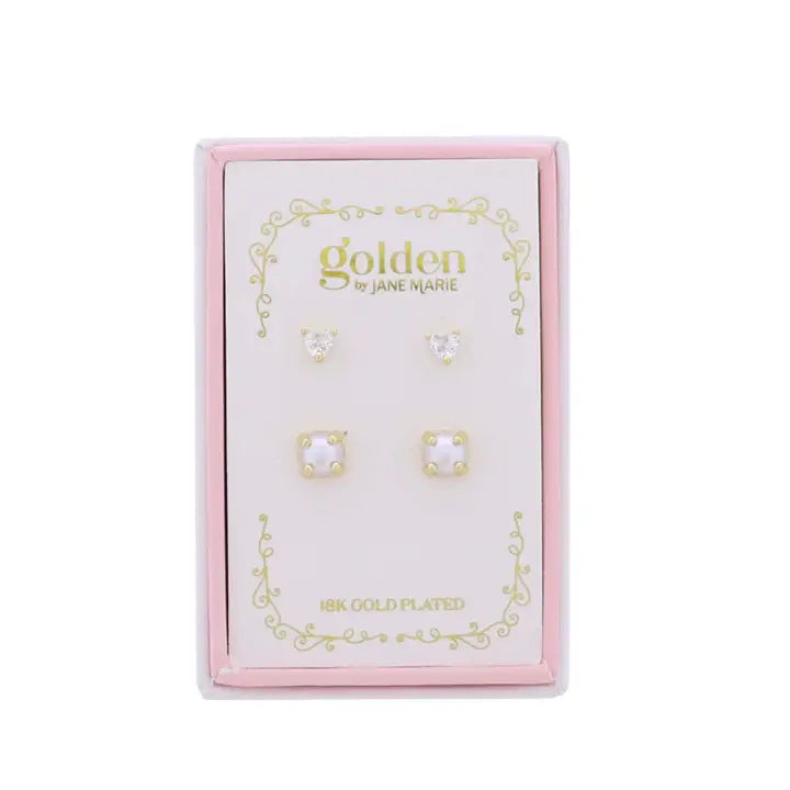 Jane Marie Kids 18K Gold Plated Set of 2 Heart & Cabachon Earrings