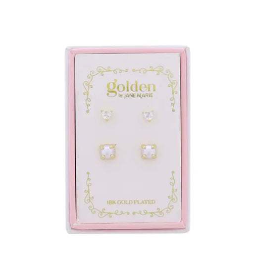 Jane Marie Kids 18K Gold Plated Set of 2 Heart & Cabachon Earrings