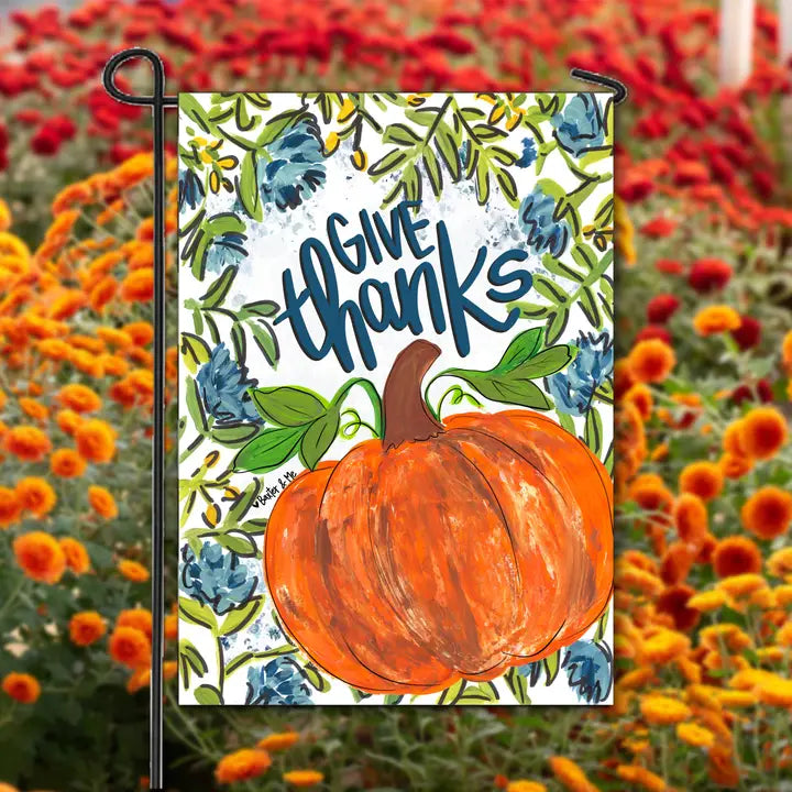 Baxter & Me Blue Give Thanks Pumpkin Floral Garden Flag