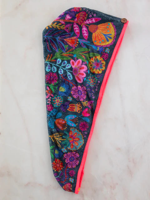 Natural Life Microfiber Hair Towel Wrap-Charcoal Folk Flower