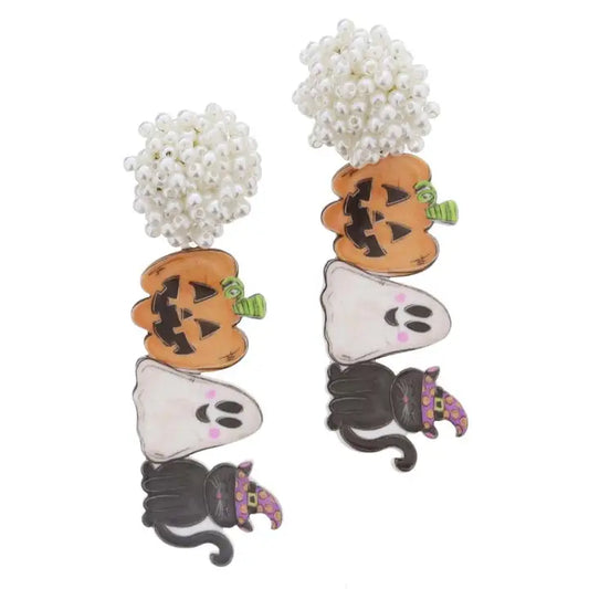 Jane Marie Pearl Pom Post & Jack-O-Lantern, Ghost, Cat Earrings