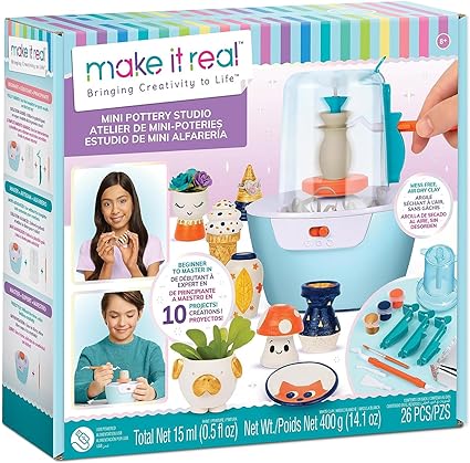 Make It Real: Mini Pottery Studio - 26 pcs DIY Pottery Kit, Mess Free Air Dry Clay, 10 Projects, Tweens, Girls & Kids Ages 8+