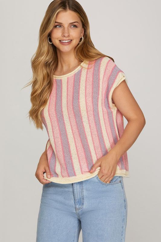 She + Sky Striped Knit Sweater Top-Pink/Lilac