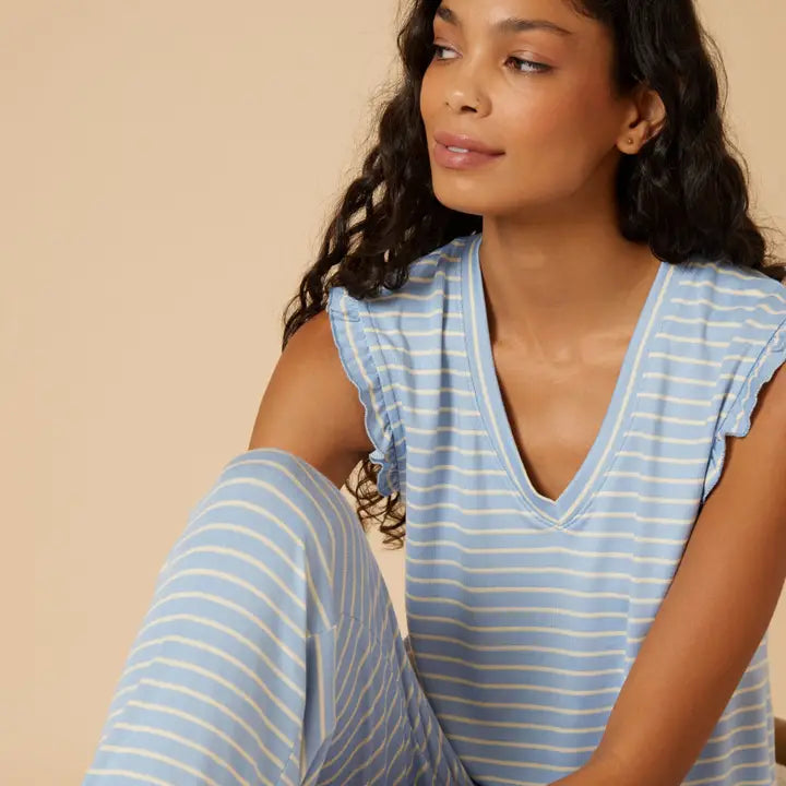 Softies Dream Ruffle V-Neck with Cropped Pant-Sky Blue Stripe