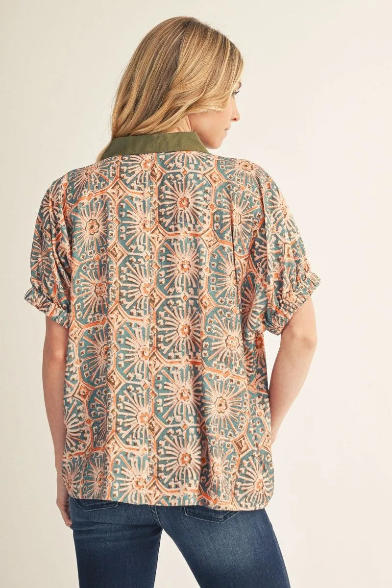 Jodifl Drop Shoulder Boho Print Top