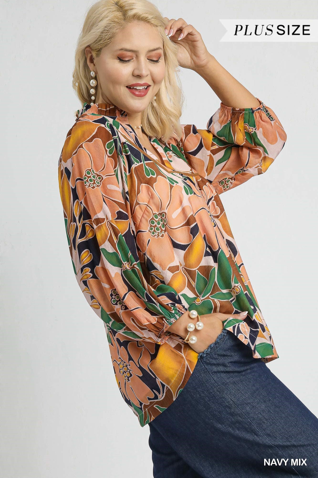 Umgee Multicolor Abstract Floral Print Blouse with Ruffle Neck