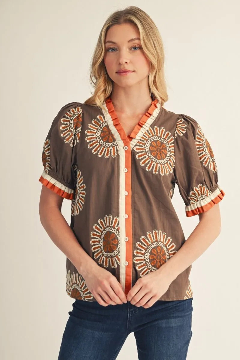Jodifl Short Puff Sleeves Button Down Embroidered Top-Mocha