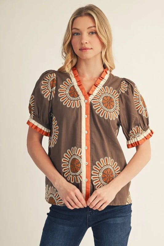 Jodifl Short Puff Sleeves Button Down Embroidered Top-Mocha