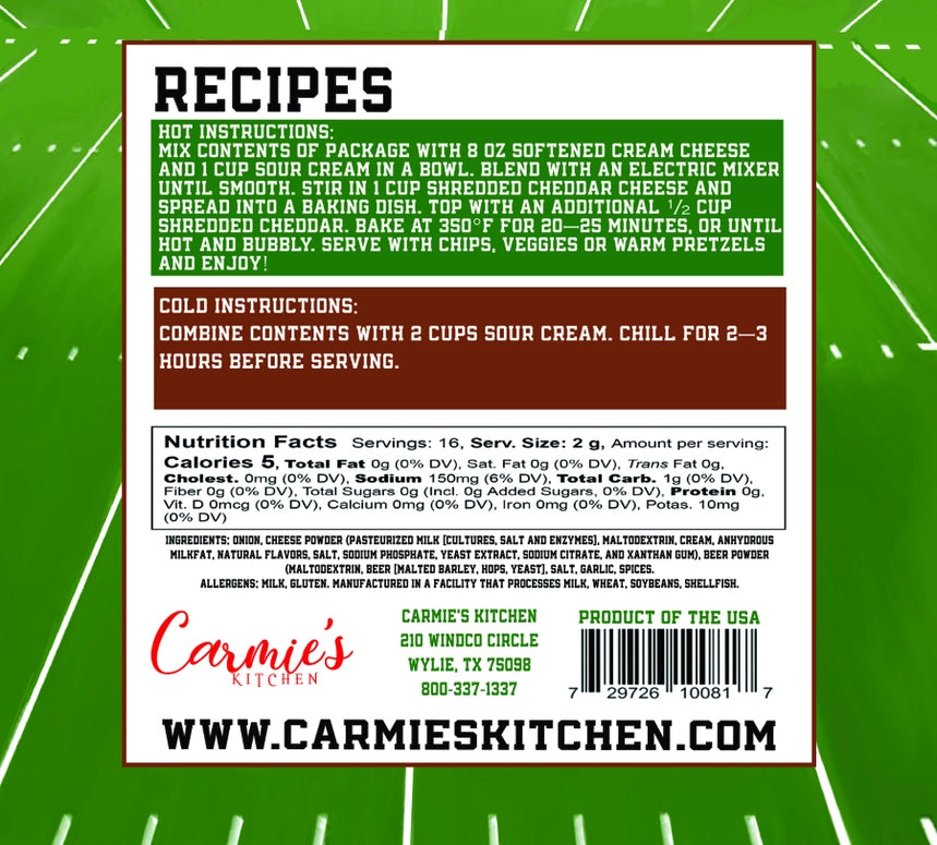 Carmie's Kitchen Tailgaters Beer Cheese Dip Mix - Game Day Collection