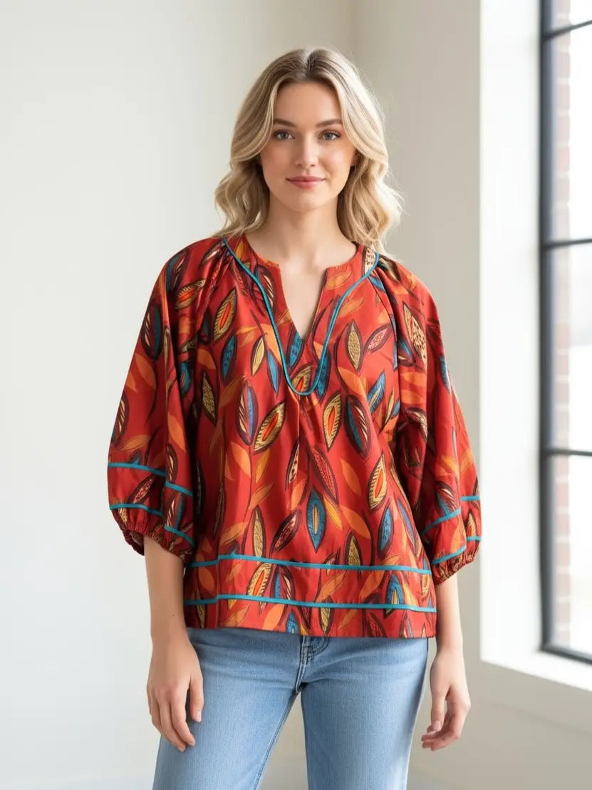 Heimish Leaf Print Contrast Trim Peasant Blouse