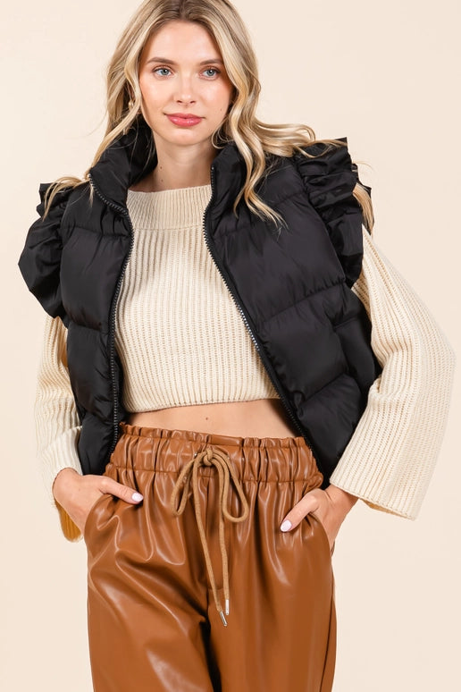 GeeGee Ruffled Sleeve Puffer Vest-Black