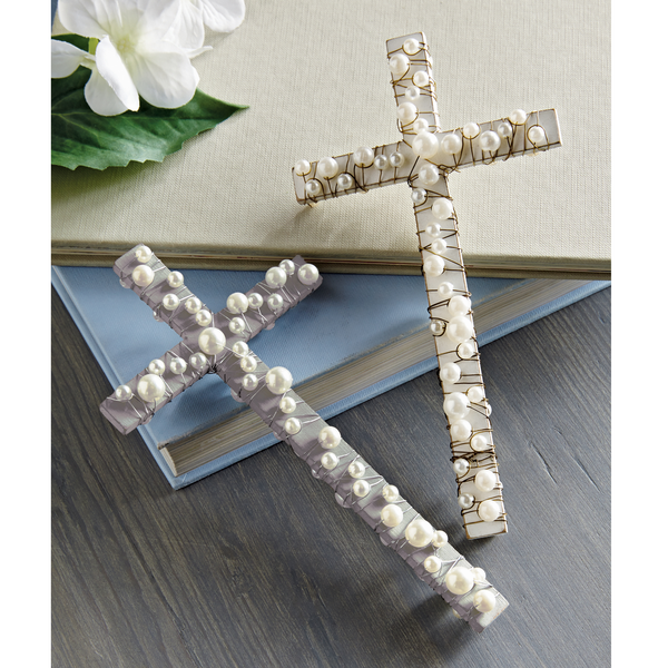 MUD PIE WOOD CROSS WITH PEARLS