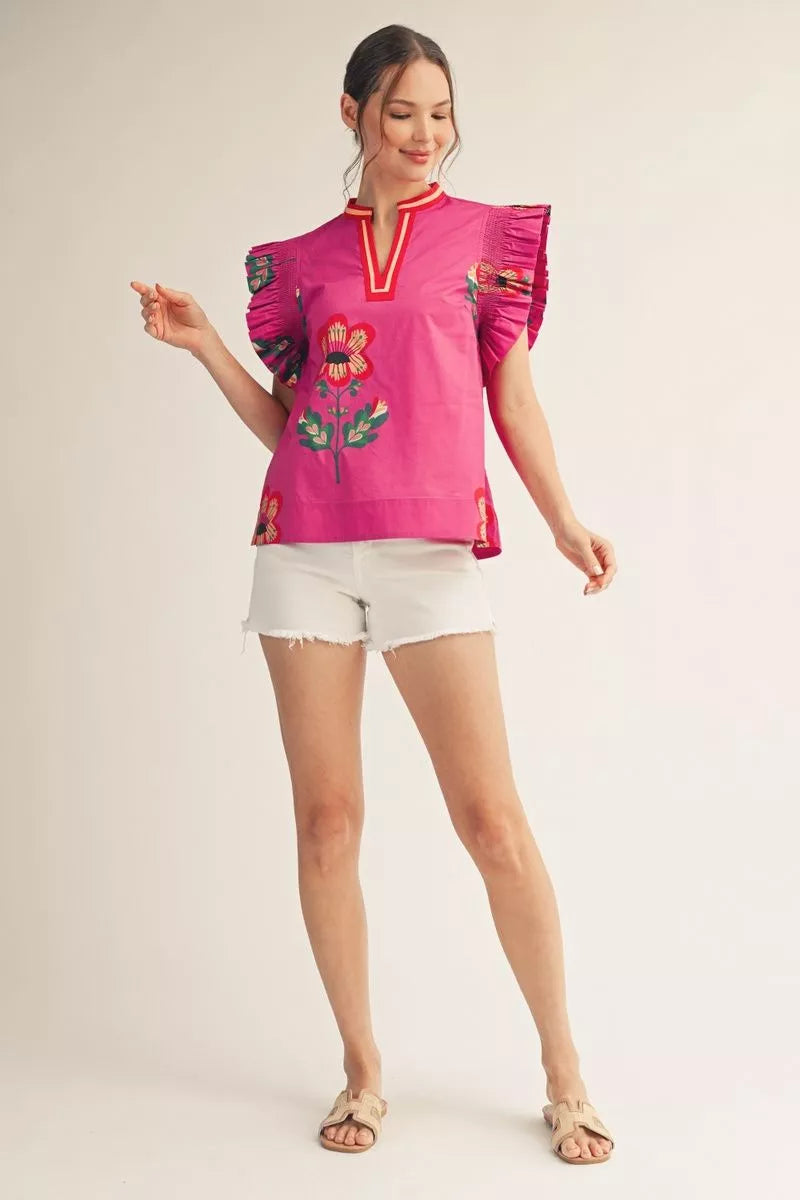 Jodifl Ruffled sleeves floral print woven top-Fuchsia