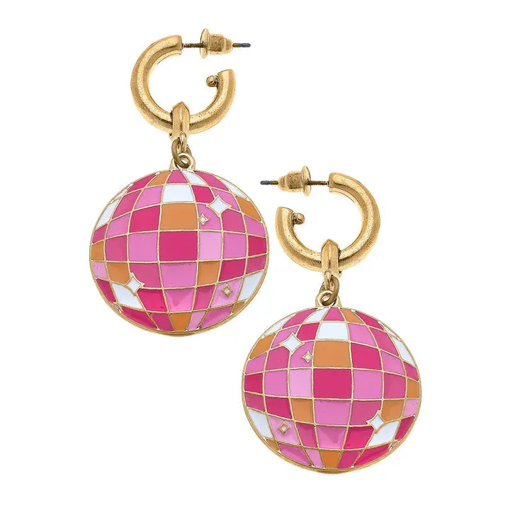 Canvas Style Rodeo Disco Ball Enamel Drop Hoop Earrings in Multi