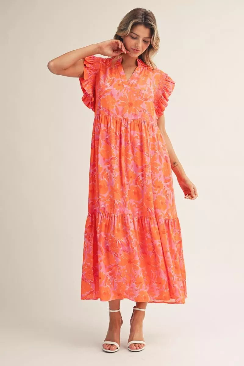 Jodifl Ruffled Cap Sleeves Tropical Floral Midi Dress