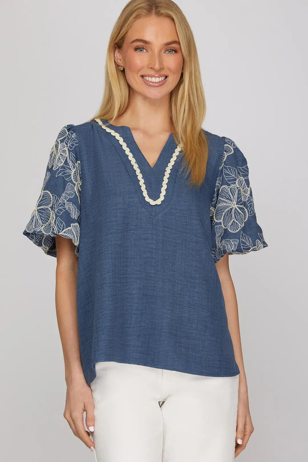 SHE + SKY SHORT EMBROIDERED PUFF SLEEVE WOVEN TOP
