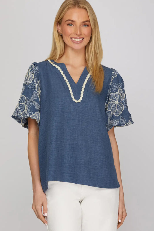 SHE + SKY SHORT EMBROIDERED PUFF SLEEVE WOVEN TOP