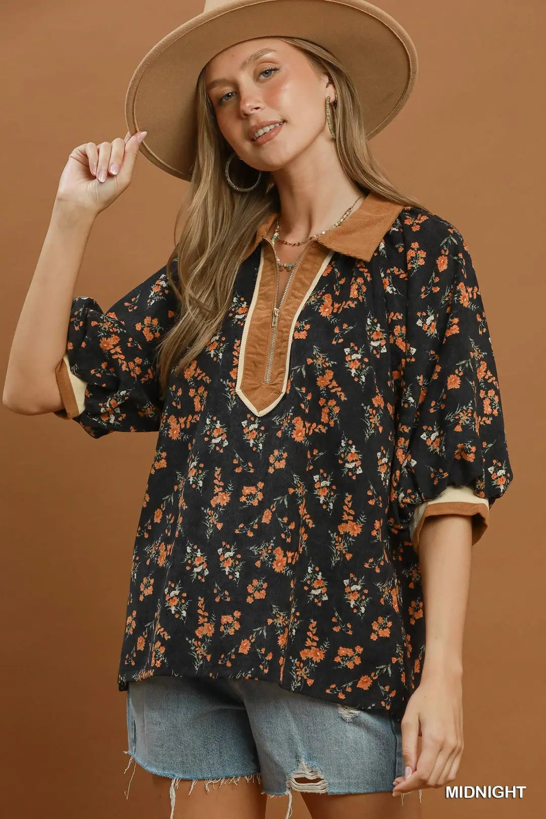 Umgee Floral Print Quarter Zip Contrast Collar Top-Midnight