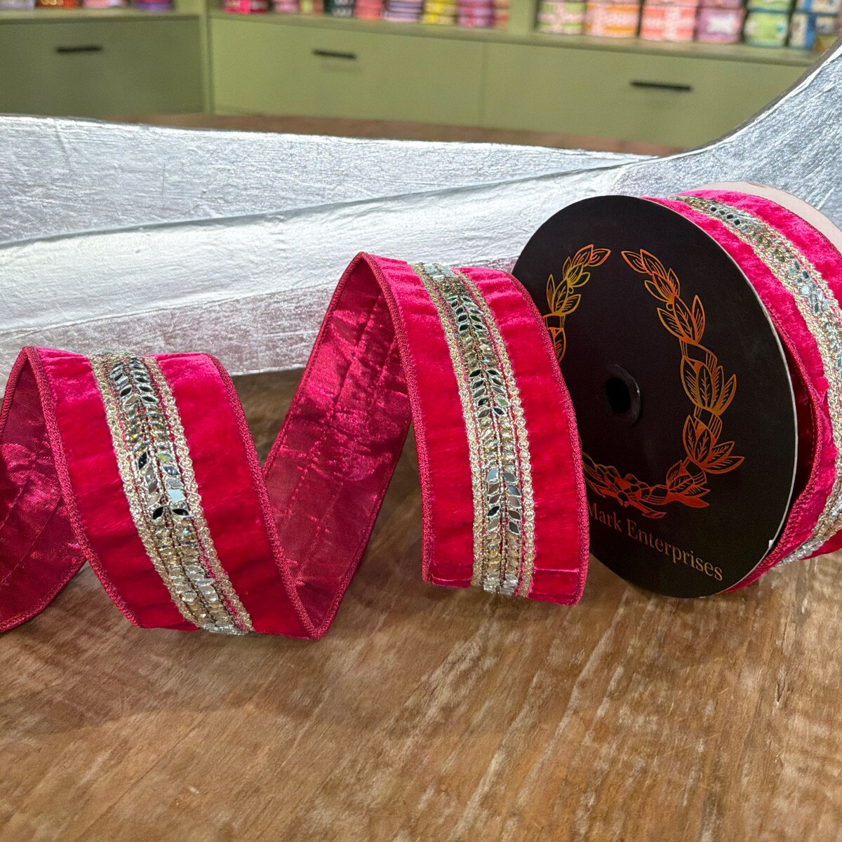 John Mark Enterprises Fuschia Velvet Jeweled Center Trim DBL Fused-2.5x10yd