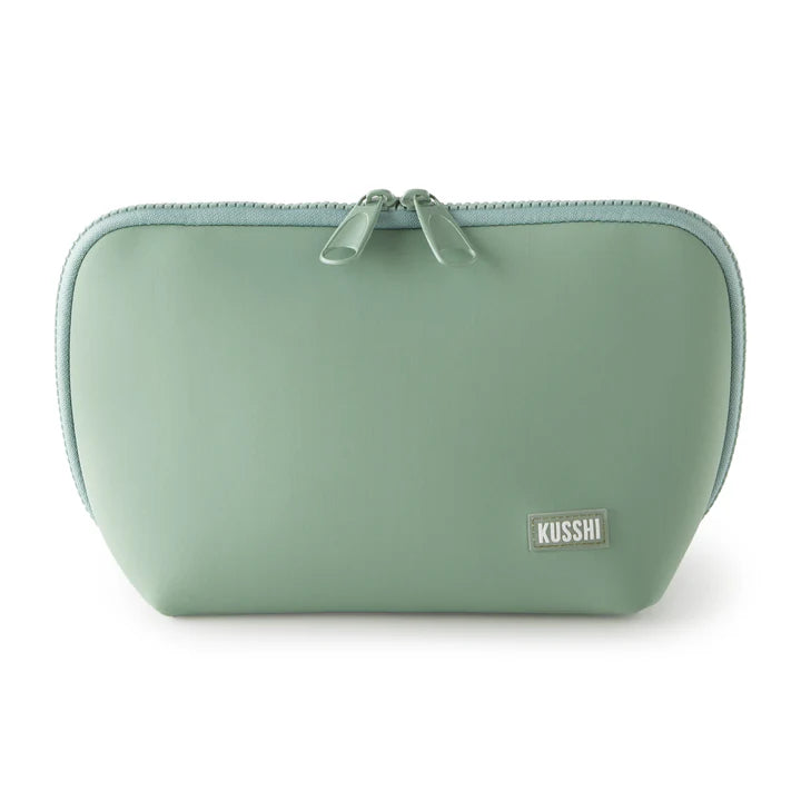 Kusshi Neoprene Makeup Bag-Sage with Coral Rose Interior