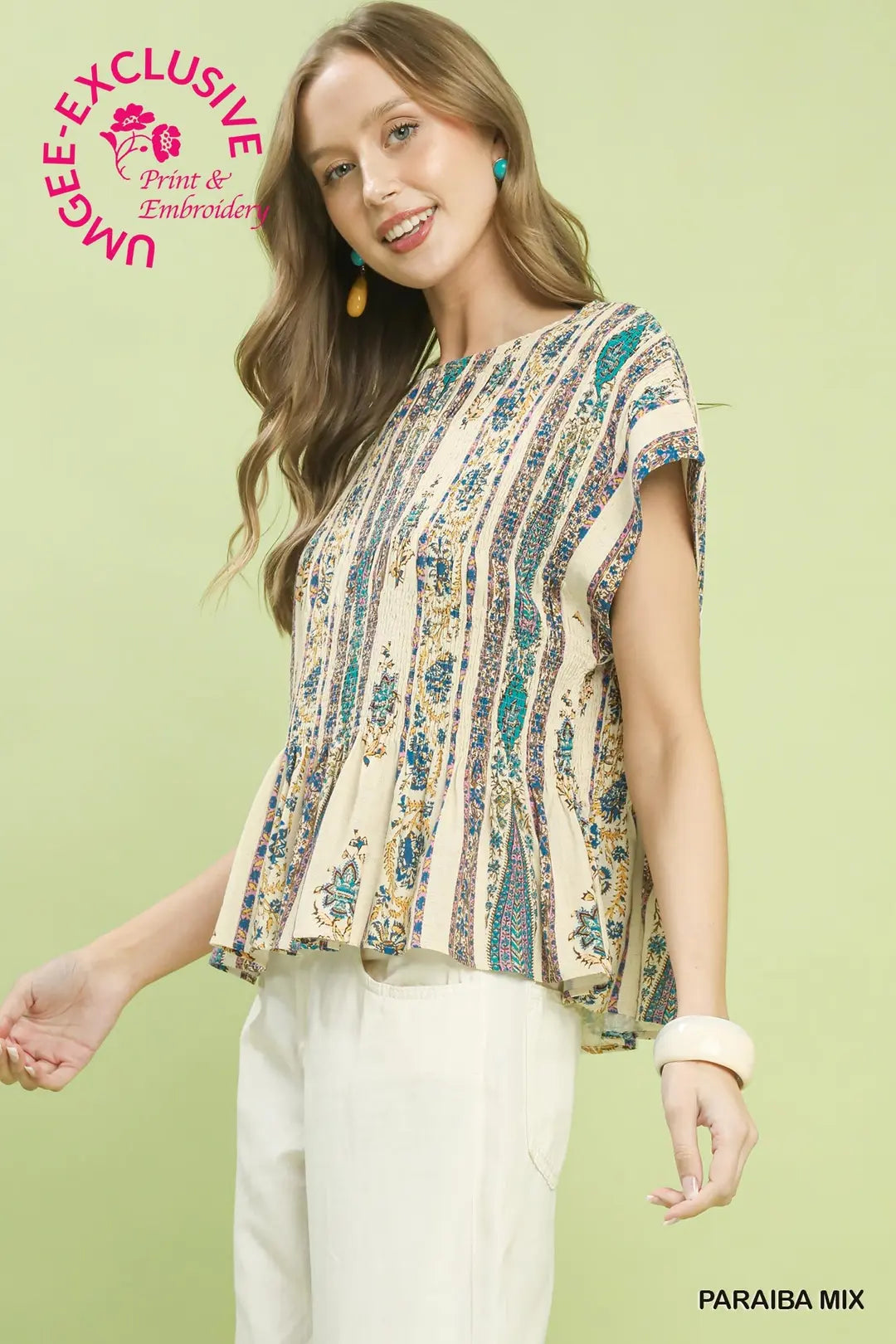 Umgee Linen Printed Cap Sleeve Top