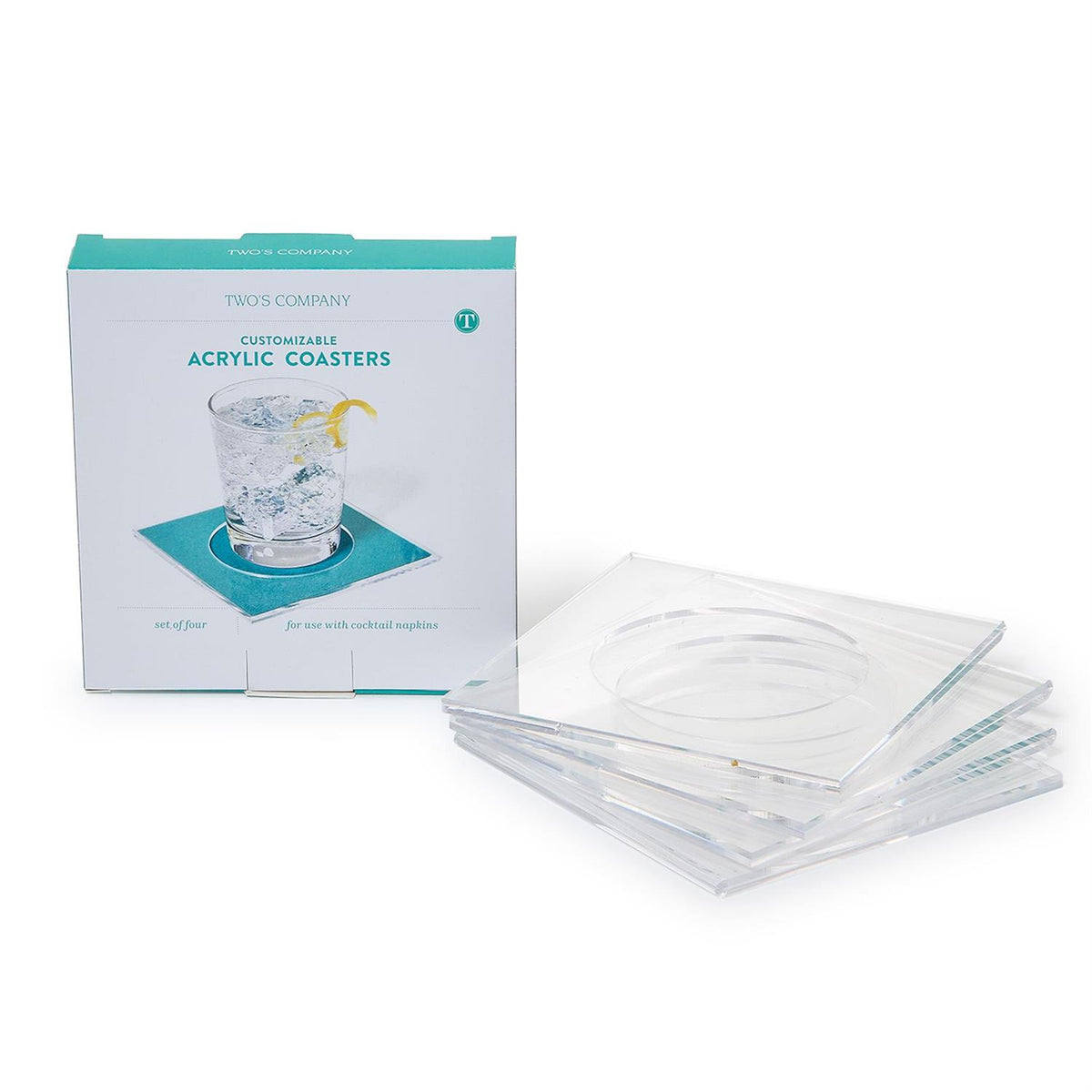 TWO'S COMPANY Set of 4 Clear Cocktail Coasters in Gift Box (features insert slot) - Acrylic