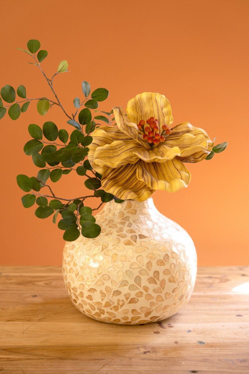 Kalalou Spun Bamboo Vase with Neutral Capiz Shell Detail / Short