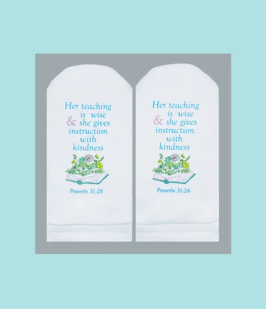 Standing on the Word Socks Book with Bible Verse : Proverbs 31:26 her teaching is wise
