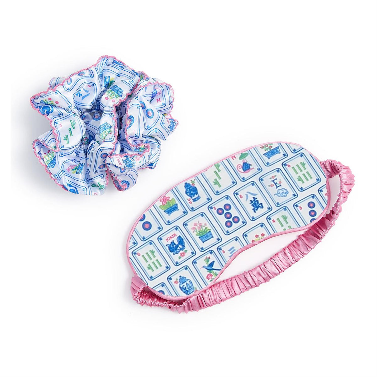Two's Company Pagoda Party Mahjong Sleep Mask and Ruffle Scrunchie Set with Matching Drawstring Gift Bag