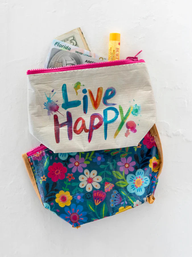 Natural Life Small Recycled Zipper Pouch-Live Happy