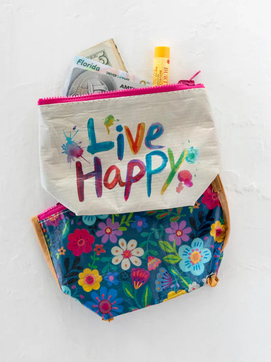 Natural Life Small Recycled Zipper Pouch-Live Happy
