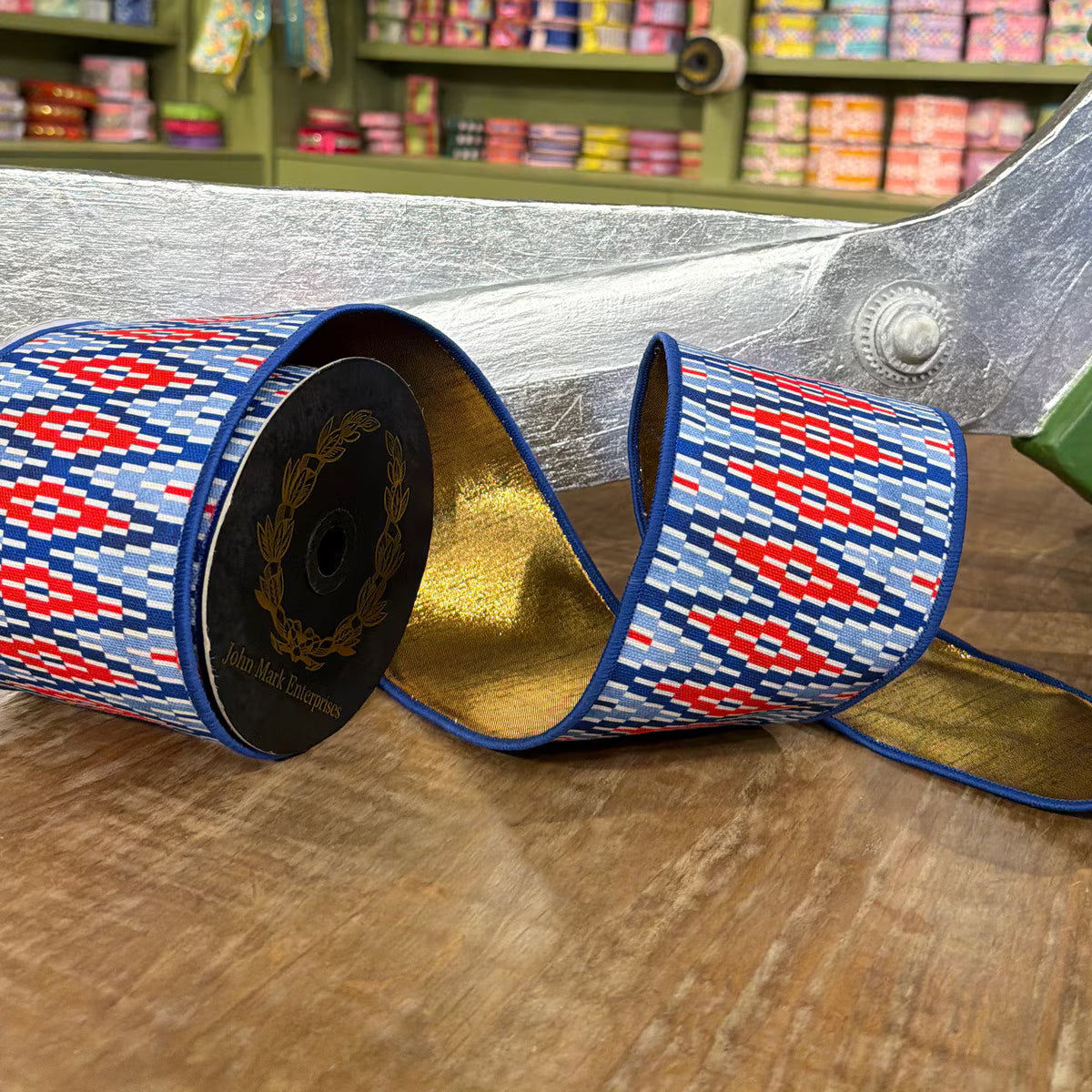 John Mark Enterprises Patriotic Print Metallic Gold Dupion Fused-4x10yd