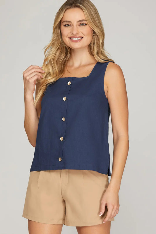 SHE + SKY SLEEVELESS SQUARE NECK WOVEN TOP WITH BUTTON-NAVY