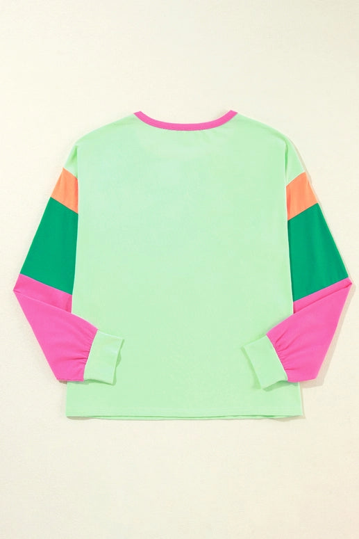 Color Block Round Neck Long Sleeve T Shirt-Green