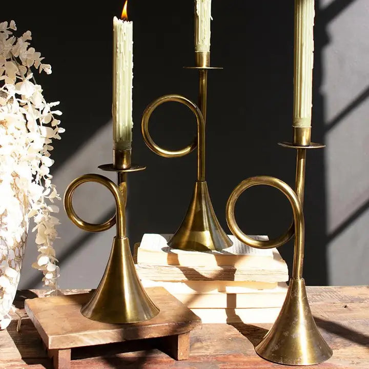 Kalalou Set of Three Antique Brass Trumpet Taper Candle Holders